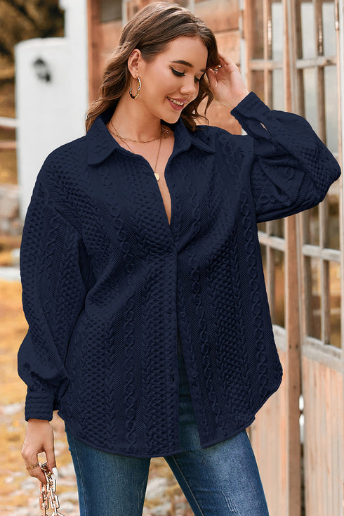 Cable Texture Button Front Puff Sleeve Shacket